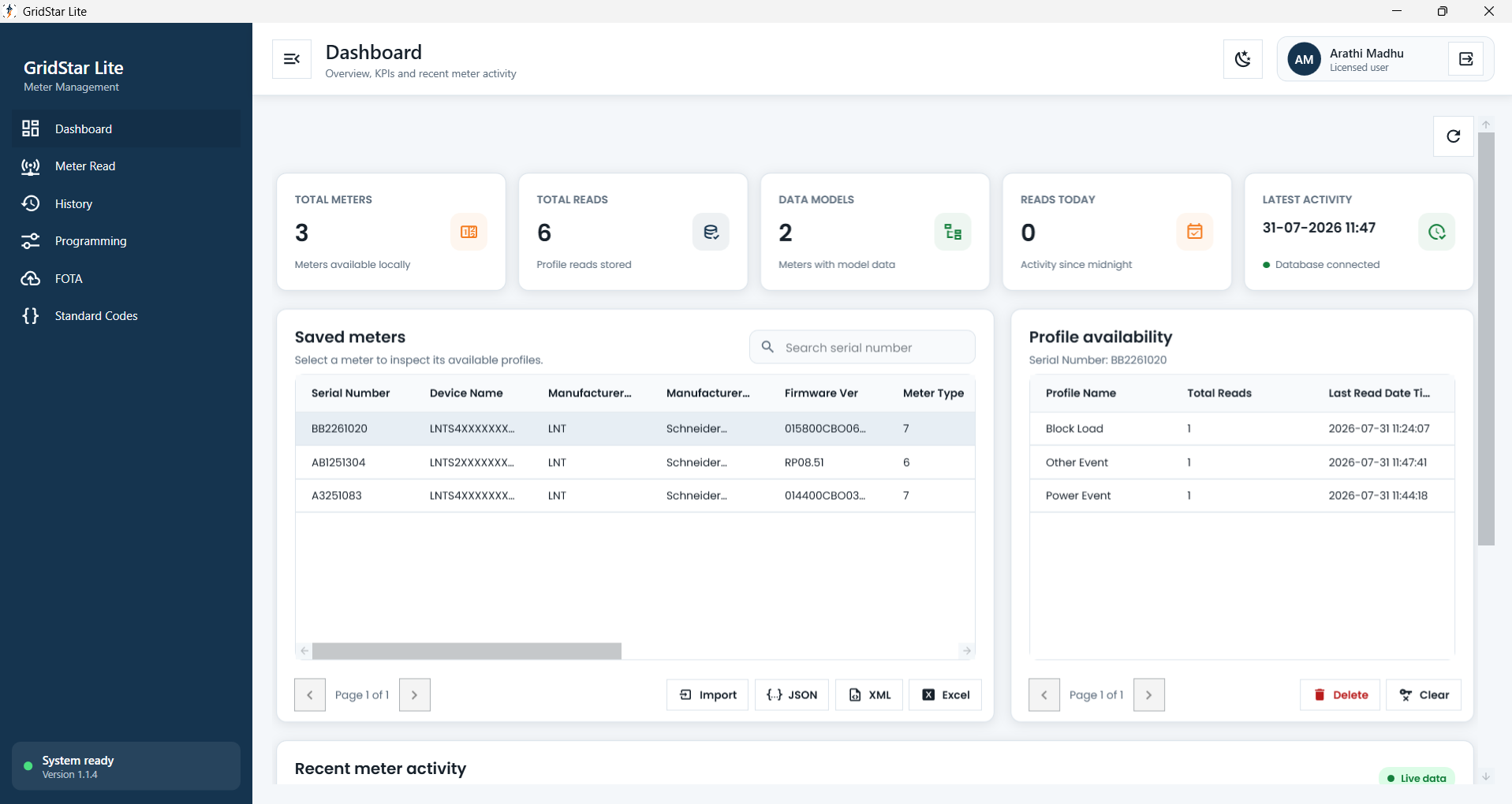 GridStar Lite desktop meter dashboard